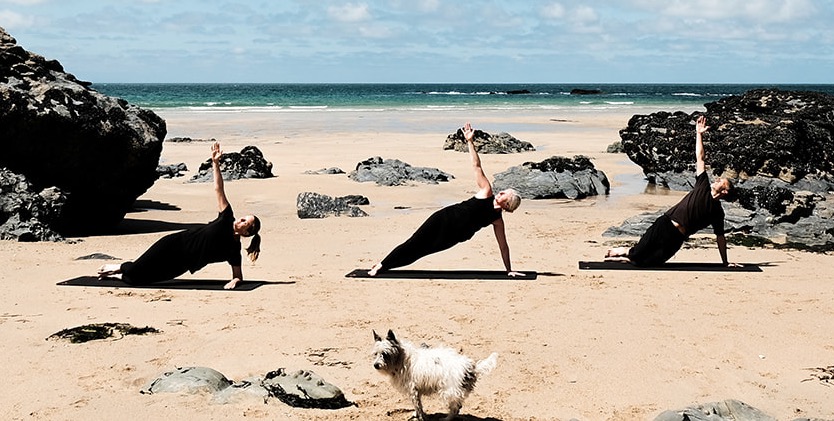 3 variations of the side plank for various abilities, on a beach with the sea in the background and my dog in the foreground